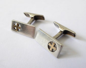 Vintage Kupittaan Kulta /Elis Kauppi Sterling Silver 925 cufflinks. Mid century Finnish + gold. 1960s Modernist mens' jewellery, signed NB.