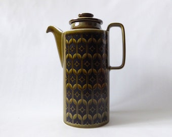 Perfect 1970s Hornsea Heirloom tall coffee pot, Lakeland Green. Retro John Clappison. Vintage, olive khaki green pottery ceramic. Serving