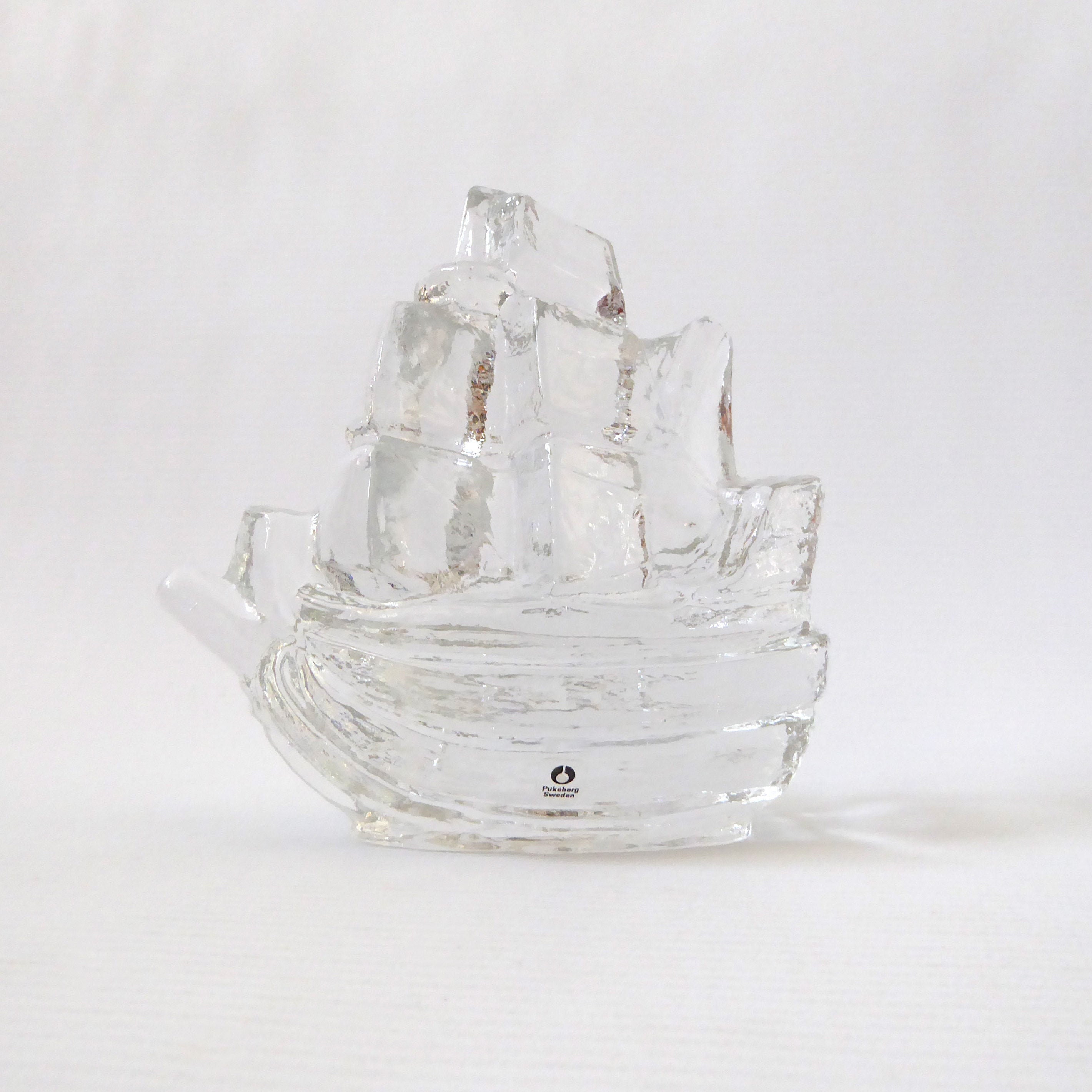 Vintage Pukeberg Swedish art glass Viking boat. Crystal large ship paperweight. Scandinavian mid-century 1970s. Modernist ice, clear + label