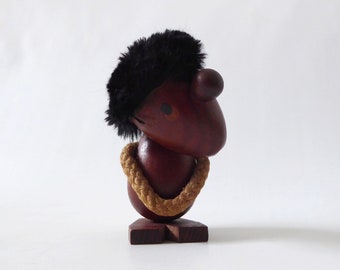 Danish Hans Bolling, Orskov & Co teak mid century The Pessimist figurine. Vintage 1960s retro troll gonk. MCM Eames Dansk era. Wood + fur