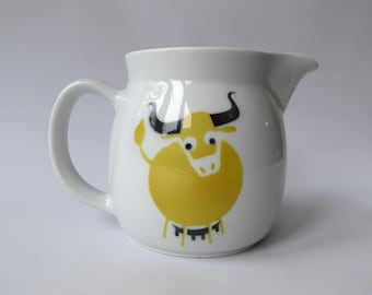 Arabia Finland yellow bull jug. Anja Juurikkala Heluna cow, cream & milk pitcher. Mid century vintage. Ceramic earthenware, serving pouring