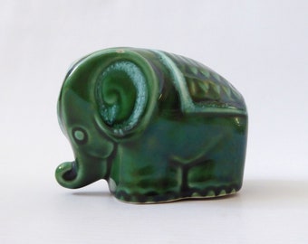 Vintage 1960s 1970s Trentham Art Ware pottery elephant. Retro money box. Green + duck egg ceramic. Figurine ornament, piggy bank #4495