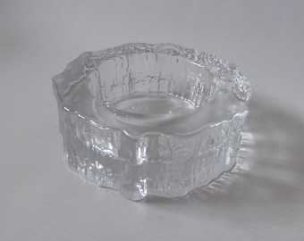 Iittala Aslak pillar candle holder, Tapio Wirkkala 1972. Glass bowl/dish/ashtray. Ice textured clear crystal Finnish #2625. Medium 12cm, map