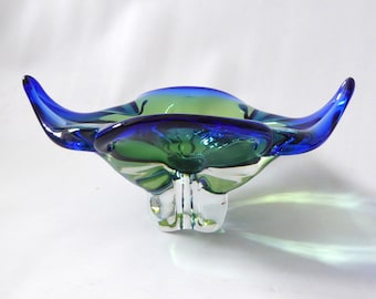 Chribska Czech vintage art glass dish. Blue/green freeform bowl by Josef Hospodka. 1960s/1970s Bohemian footed cased glass. Mid century Sklo