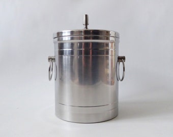 Vintage mid century Viners ice bucket. Retro Modernist 1960s 1970s. 18/8 stainless steel. Insulated vacuum cooler. Barware, made in Japan.