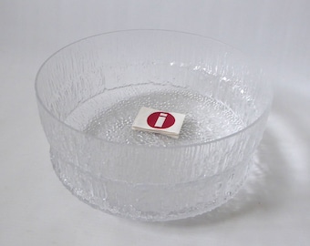 9" Tapio Wirkkala Iittala Paadar large glass fruit/salad bowl, 1970s vintage. Clear textured crystal serving dish. Finnish/Finland Modernist