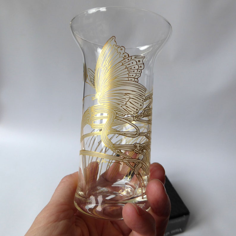 Vintage Rosenthal art glass butterfly vase. Grey & gold drawing. Modernist Studio Linie Papillon 12cm. Alain le Foll graphics. Label box imagem 3