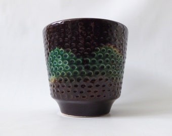 Vintage West German pottery plant pot holder. Carstens, Strehla style. Brown & green dotty dimpled. Ceramic 1960s 1970s retro indoor planter