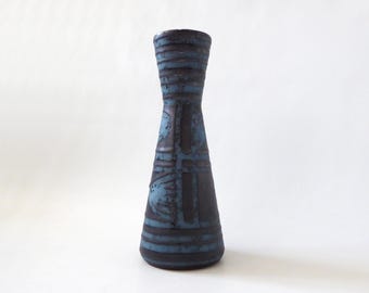 Carstens Tönnieshof Ankara 3769/22 vase. Black & teal petrol blue geometric. West German fat lava, mid-century modern 1960s 1970s. Hourglass