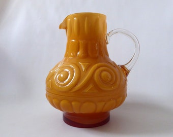 Vintage Stelvia Empoli art glass jug vase, Italy. Amber yellow & cased white. Whirl patterns, Opalina Fiorentina. Retro 1960s 1970s kitsch