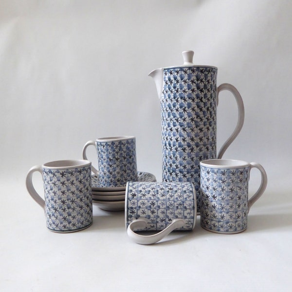Vintage Rye Pottery set of 4 blue cups & saucers + coffee pot. 1950s 1960s mid century. Sussex handmade studio art pottery. Ceramic tea mugs