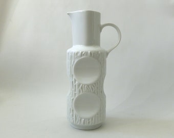 Vintage 1970s Johann Seltmann Vohenstrauss German op art vase. White retro porcelain, textured ceramic. Bavarian Modernist, big pitcher jug