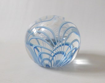 Liskeard Glass 1975 paperweight, swirls & large bubble art glass. Pale/sky blue stripes. Vintage 1970s retro, 3" round orb. Signed + dated