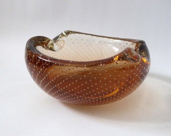 Vintage Murano/Czech art glass controlled bubble bowl ashtray. Precise bullicante retro mid century 1960s peach amber. 60s folded round dish