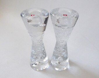 Pair Iittala Arkipelago vintage art glass candlesticks. Timo Sarpaneva 1970s hourglass clear candleholders. Finnish Scandi modernist crystal