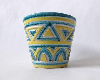 Vintage Italian pottery/ceramic planter. Hand painted teal blue/green & yellow geometric. Mid century plant pot holder, signed Italy 2614.