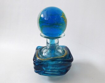 Mdina art glass bottle, Sea & Sand. 1970s/1980s vintage Michael Harris, Malta. Turquoise blue, gold + trailed. Retro square perfume. Stopper