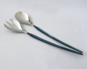 Mid century Cathrineholm Cathedral salad servers. Vintage Norwegian serving spoon & fork cutlery. Modernist stainless steel teal blue enamel