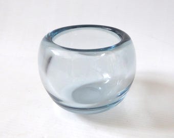 Holmegaard Per Lutken Akva round bowl. Vintage Danish art glass, signed 1961.  Aqua ice blue cigarette ashtray. Denmark, 1960s mid century