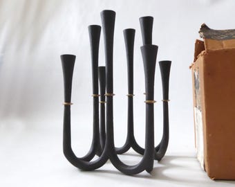 Jens Quistgaard Dansk Denmark cast iron + brass candelabra, boxed. Mid century Danish Crown 1739 candle holder. Black metal, 8 slim candles