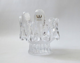 Kosta Sunflower vintage tealight candle holder/votive. Lead crystal art glass 3.5" + label. Goran Wärff 1970s. Swedish/Scandinavian 70s Boda