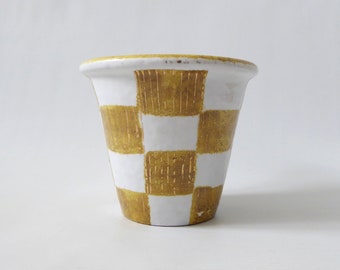 Bitossi Aldo Londi signed Ztaly plant pot holder planter. Yellow checkered + gold stripes N19/5P. Mid century 1950s pottery, Italian ceramic