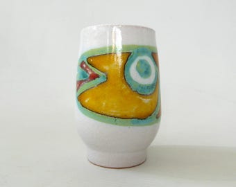 Vintage Desimone fish vase. Italian 1960s/70s pottery clay, painted small pot. Green, yellow + orange decor. Giovanni De Simone, signed 64/1