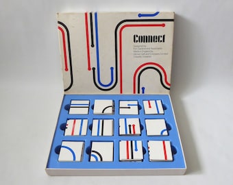 Vintage Ken Garland + James GALT Connect, 1969. 1960s retro kids boxed game & instructions. Square tile cards, iconic line building puzzle