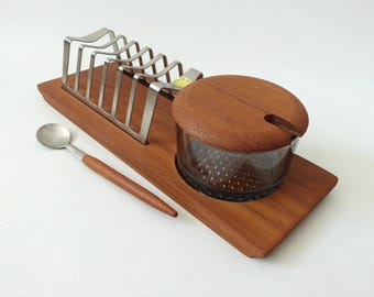 Vintage Danish breakfast set. Retro glass sauce/jam pot, teak tray, stainless steel toast rack: boxed Mid century 1960s/70s. Luthje Wood