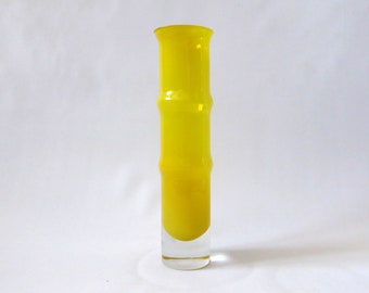 Vintage Aseda Bo Borgstrom bamboo vase. 9.5" cased luminous vibrant citrus yellow art glass. Swedish Scandinavian retro, 1960s mid century