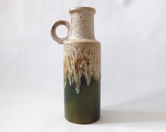 Scheurich 401-28 West German pottery vase. Fat Lava era pot + handle. Ceramic 1960s/1970s vintage retro, Germany. Cream drip over dark green