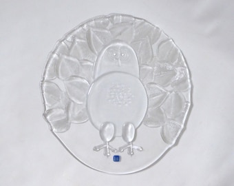 Arabia Finland vintage art glass sun catcher. Owl bird window wall hanging disc by Markku Salo. Clear textured round. Modernist Finn Crystal