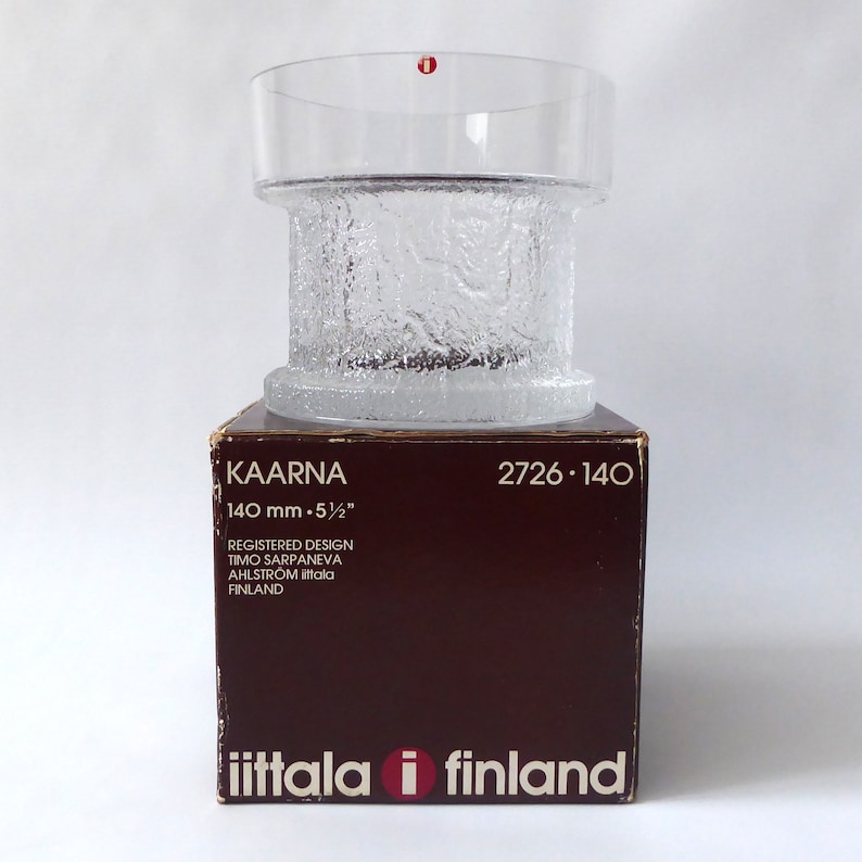 Iittala Kaarna by Timo Sarpaneva, 140mm art glass vase bowl. Mid century box & label. Bark textured 1970s. Ice clear Finnish Scandinavian image 1