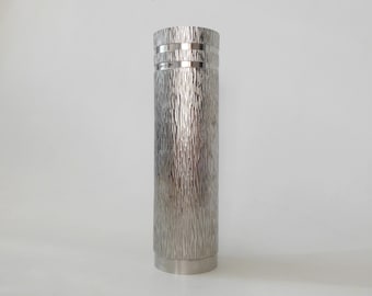 Brutalist West German steel metal cylinder vase. Vintage 1960s 1970s BMF Bayerische Metallwarenfabrik. Retro machine cut textures, modernist