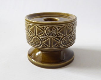 Vintage 1970s Beswick 2341 olive green pottery candle holder. Ceramic + geometric spirals. Khaki retro pillar & tapered dinner candle stand
