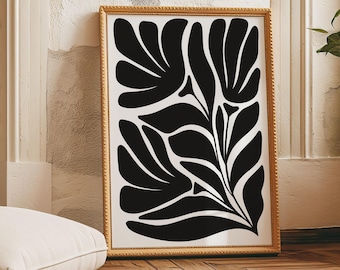 Minimalistische zwart-witte bloemenprint, abstracte botanische kunst (digitale download)