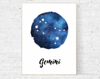 Gemini Constellation Print, Gemini zodiac print, Gemini Print, Gemini sign, constellation printable, instant download, Astrology Sign Poster