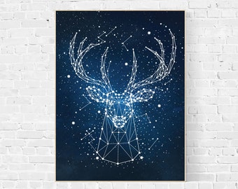 Constellation print, deer antlers decor, deer antlers print, deer wall art, deer wall decor, space art printable, constellation wall art