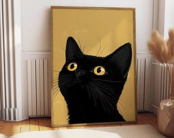 Black Cat Art Print, Modern Minimalist Cat Poster (Digital Download)