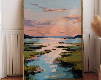 Stampa artistica di paesaggio costiero al tramonto, paesaggio marino impressionista (download digitale)