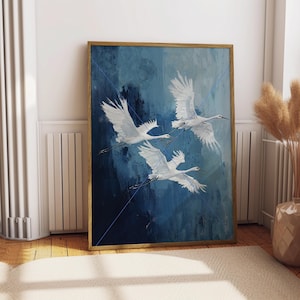 Bird wall art, blue abstract nature print, modern wildlife artwork, minimalist bird decor, crane nursery, home print, nature art