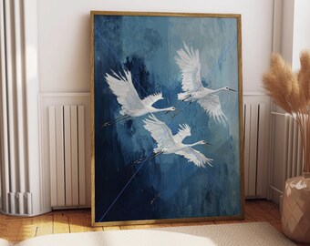 Blue Abstract Crane Print, Minimalist Bird Wall Art (Digital Download)