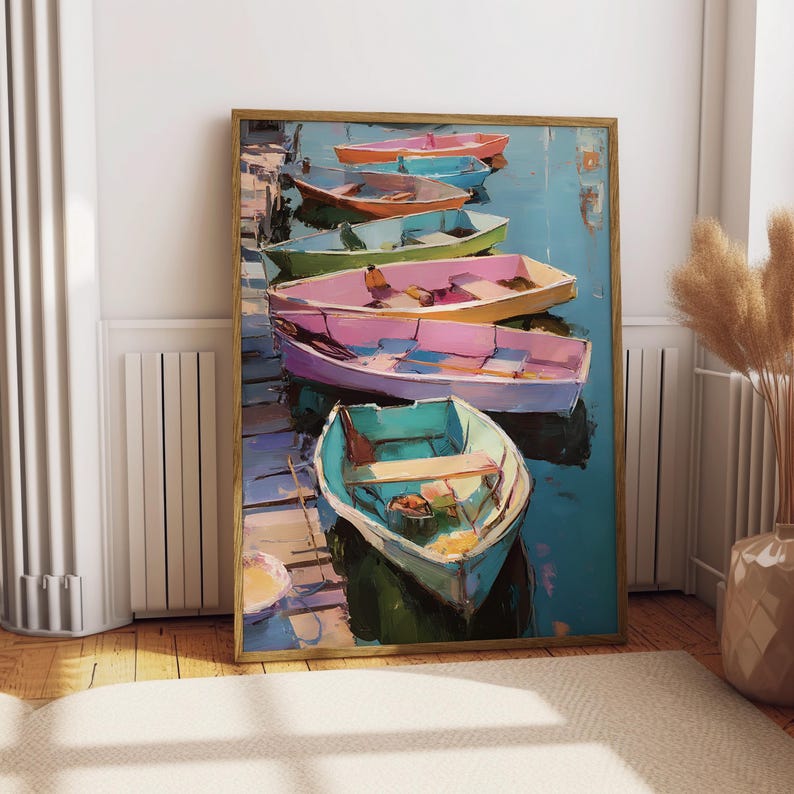 Pink Rowboat Colorful Boat Wall Art, Coastal Harbor Painting, Mediterranean Style ...