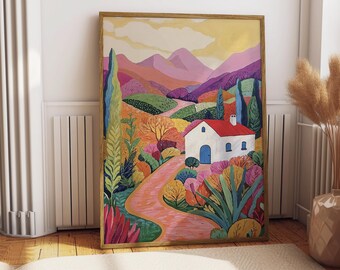Stampa di paesaggio di campagna floreale, montagna astratta, arte popolare moderna (stampa digitale)