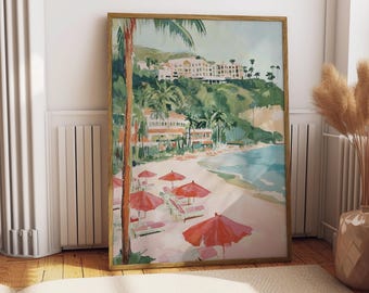 Stampa di scena di spiaggia pastello, vista sull'oceano tropicale (stampa digitale)