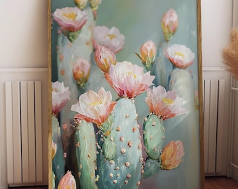 Stampa artistica da parete con cactus arrossati, dipinto di fiori del deserto, stampa botanica pastello (download digitale)