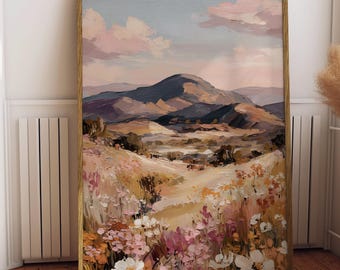 Paesaggio montano, stampa murale con campo floreale neutro, stampa naturalistica impressionista moderna (download digitale)