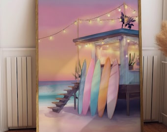 Decorazione murale Surf Shack, tramonto sulla spiaggia color pastello, tavola da surf costiera (download digitale)