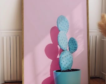 Decorazione murale con cactus rosa e verde acqua, stampa botanica minimalista, pianta del deserto moderna (download digitale)
