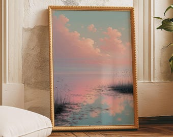 Stampa di paesaggio con tramonto pastello sul lago e cielo rosa (download digitale)